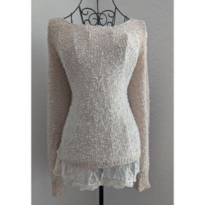 Boston Proper Cream Knit Sweater with Lace Detail